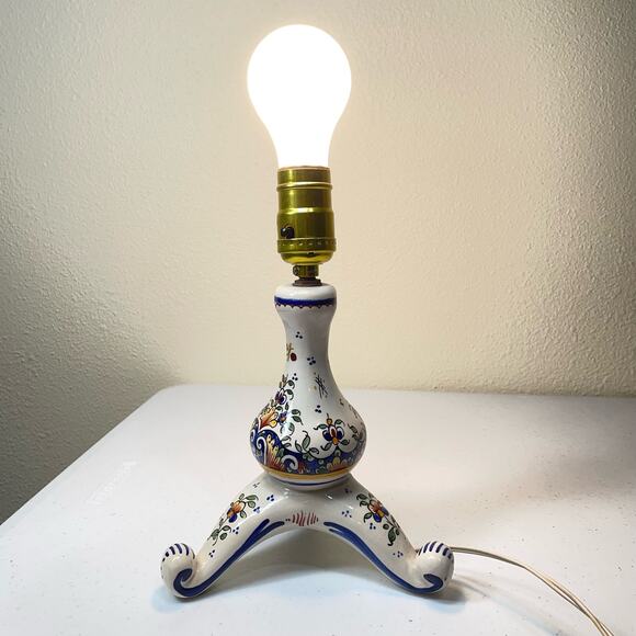 Vintage French Floral Painted Table Lamp R Delarue Cottage Prairie Boho Country - Picture 2 of 12